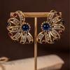 Vintage Colored Rhinestone Inlaid With Flower Earrings Light Luxury Retro Style Medieval Hollowed Out