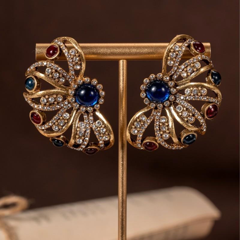 Vintage Colored Rhinestone Inlaid With Flower Earrings Light Luxury Retro Style Medieval Hollowed Out