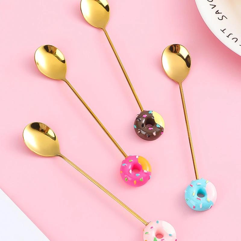 Cuillère-Fourchette Donut Mignonne en Acier Inoxydable Cuillères à Glace Gâteau Dessert Cuillère à Remuer le Café Bonbon Mignon Dessin Animé Cuillère à Thé Vaisselle