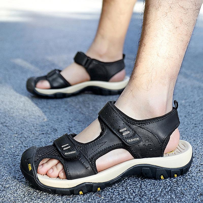 Foreign trade sandals men's 2025 summer new cowhide beach shoes hollow one pedal Velcro outdoor sandals