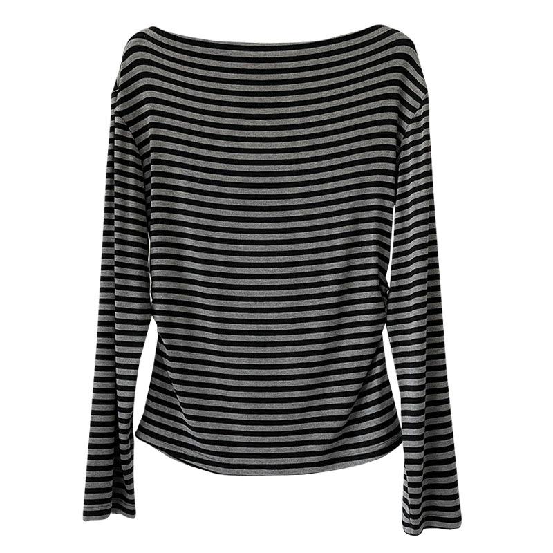 Juzhi Spring Retro Striped Off-Shoulder Slim Fit Long Sleeve T-shirt