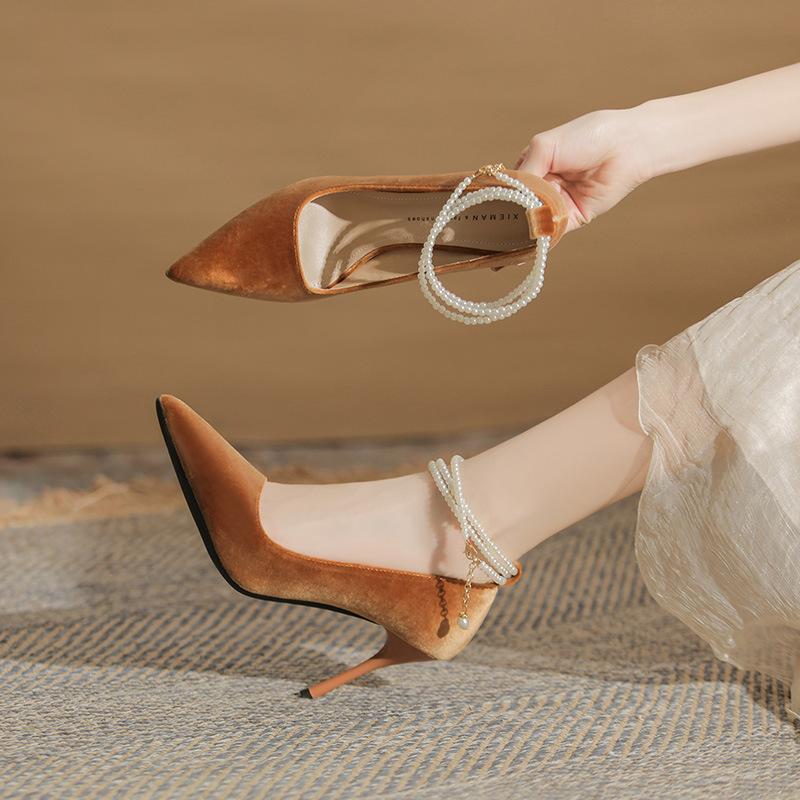 Fashion pearl chain elegant temperament sexy feminine women's new thin heel high heel women's single shoes