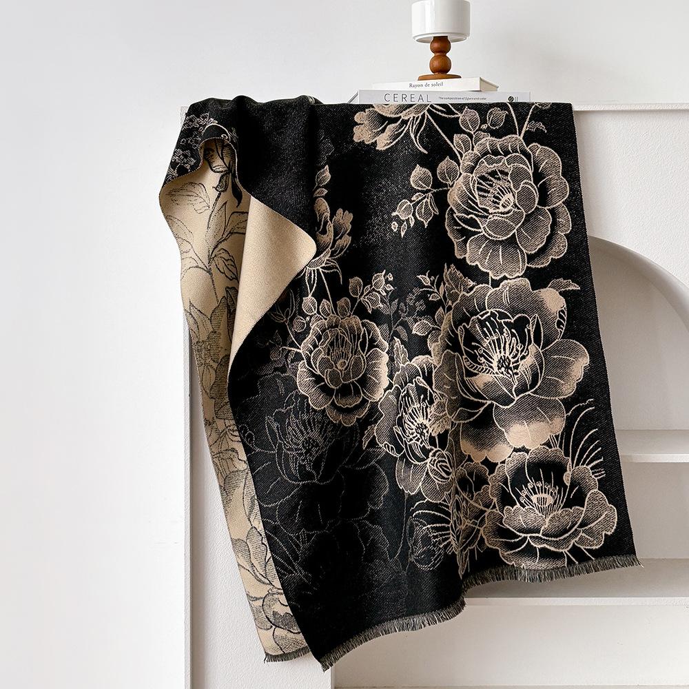 Vintage-Inspired for Lotus Print Scarf - Thick Warm Polyester Shawl for Women, Black & Cream Auspicious Design, Perfect for Winter Cold Weather