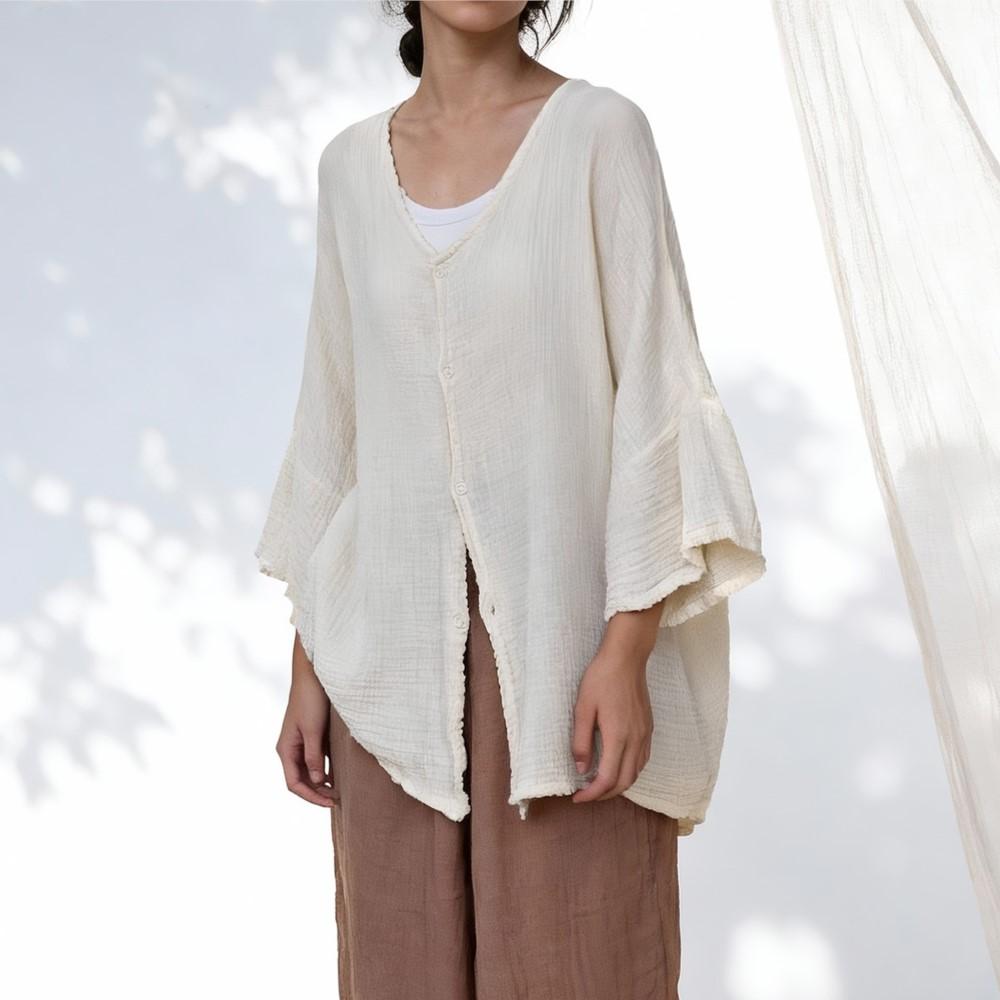 

Johnature Women Vintage Shirts Spring Chinese Style Tops Solid Color Button Beige White V-Neck Female Blouses One Size