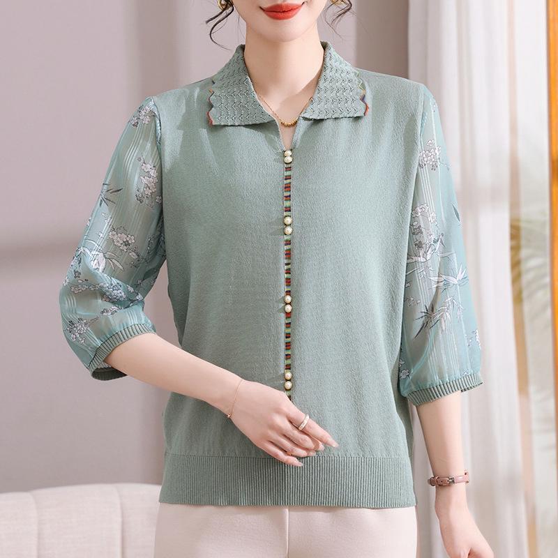 Spring-Summer 2025 Women's Three-Quarter Sleeve Knit Top with Stylish Lapel for Middle-Aged and Elderly Women