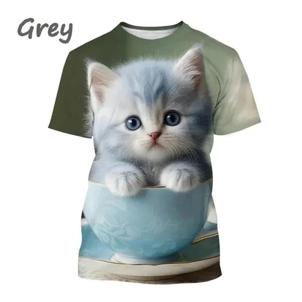 Children's T-Shirt Cute Cat Graphic Girl Round Neck Kids Clothes Fashion Summer Top