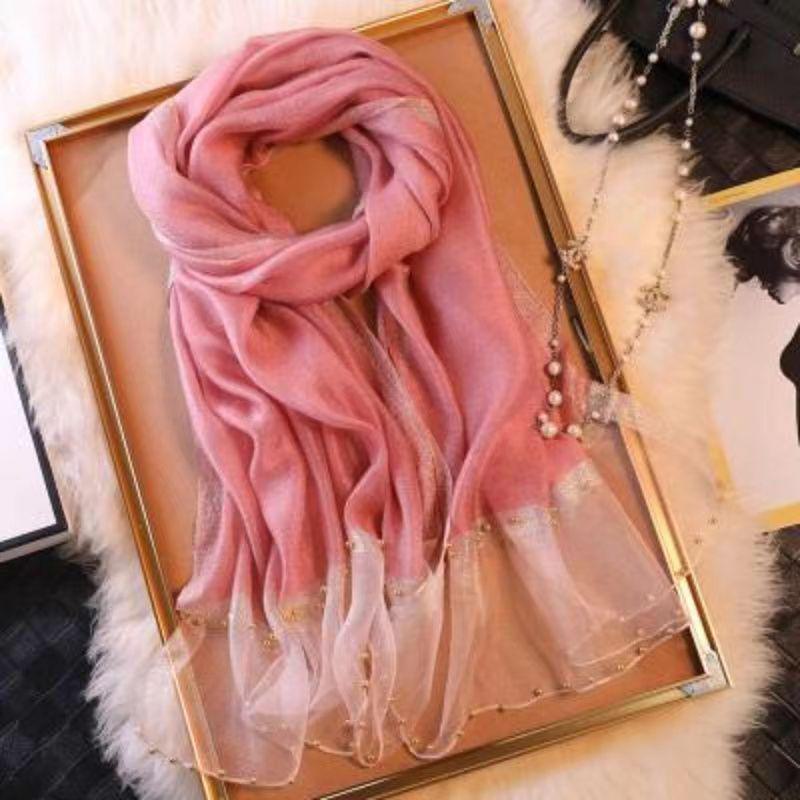 Summer Gold and Silver Edge Beaded Silk Scarf - Beach Sunscreen Shawl for Women