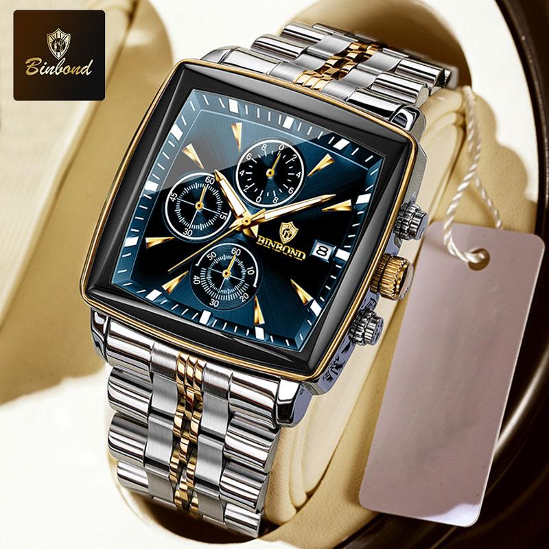BINBOND Luxury Square Man Business Wristwatch Waterproof Luminous Chronograph Quartz Men Watches Stainless Steel Men Watch Reloj