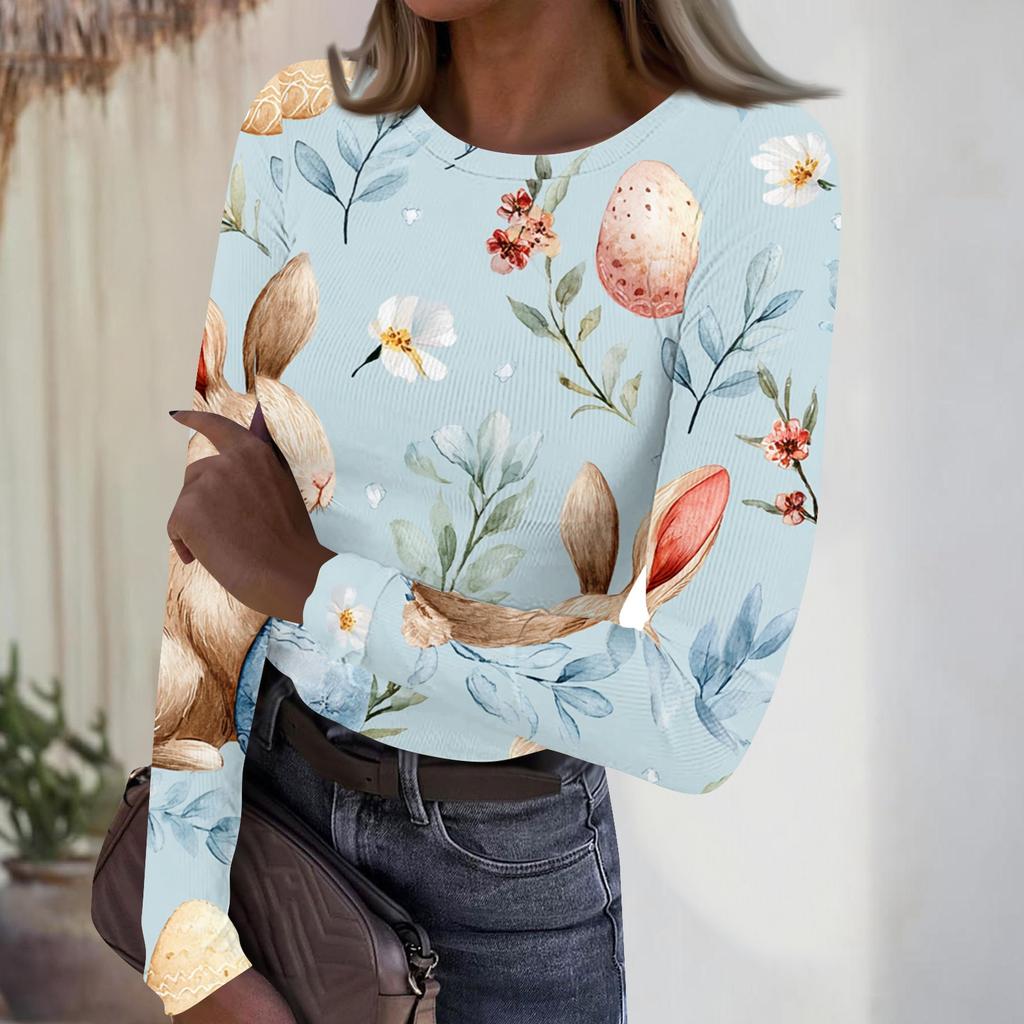 Women's Casual Fashion Round Neck Easter Print Long Sleeve Strip Top