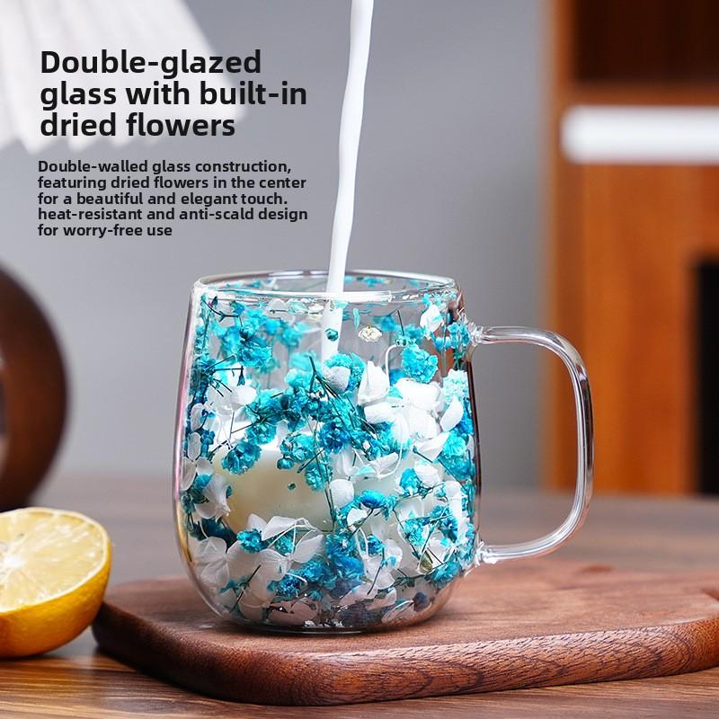 Dried Flower Mug Double Layer High Borosilicate Glass Mug Coffee Mugs Funny Cups Unusual Cup Coffeeware Teaware Drinkware Luxury