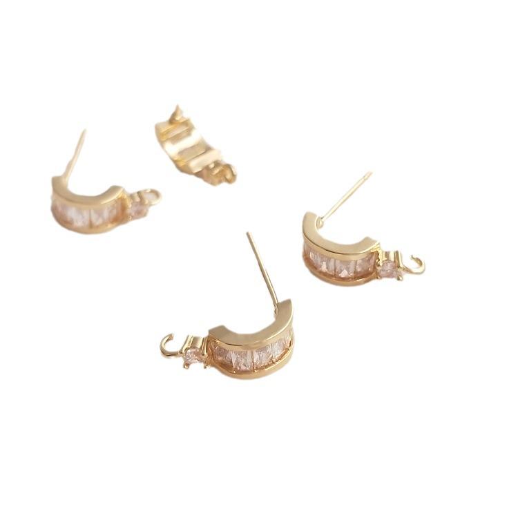 14K Gold-Filled Zircon C-Shaped Stud Earrings with Open Jump Ring and 925 Silver Posts