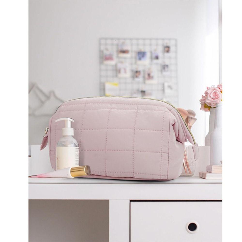 Puffy Padded Travel Cosmetic Bag Solid Color Wide-open Makeup Bag Women Makeup Organizer Case Large Capacity Toiletry Bag