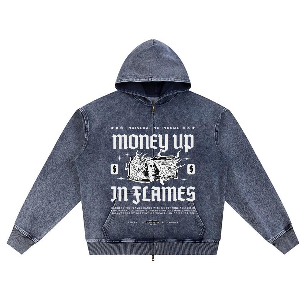 

DTG print Knitted Denim Zip-Up Hoodie Money Up in Flames Brother Print Zipper Hoodies XL темно-синий
