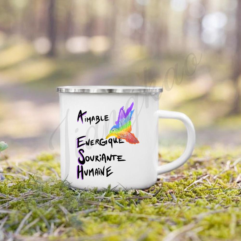 Merci Aesh French Printed Mug Creative Coffee Cups Drinks Enamel Cup Outdoor Camping Handle Drinkware Thanks Gifts for Teacher