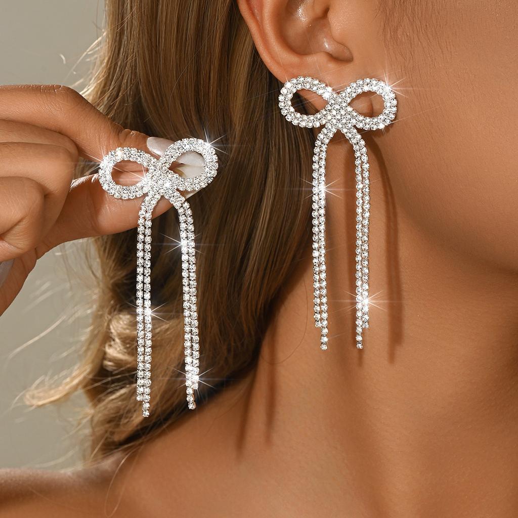 Bow Long Fringed Earrings, Fashionable Shiny Rhinestone Stud Earrings, Ear Jewelry For Women