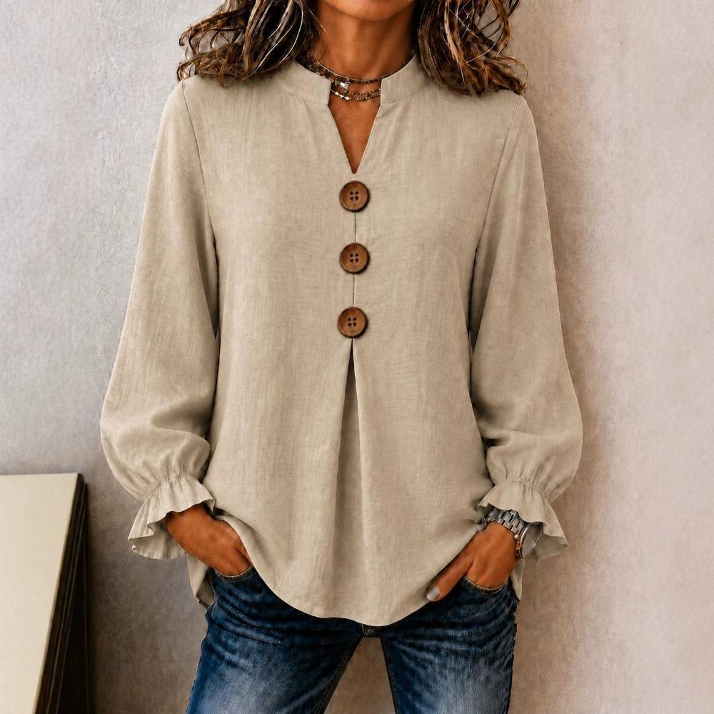 Women Solid V Neck Button Down Long Sleeve Blouse, Fashion Ladies Top for Autumn Winter