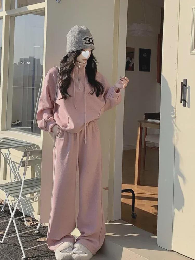 Koreanischer Damen-Freizeitanzug: Verdickter lockerer Mantel & Hochtaillierte weite Mopping-Hose – Perfekt für Frühling & Herbst.