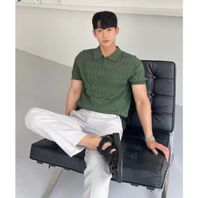 Men's Summer Slim Fit Polo Shirt - Korean Style, Turn-Down Collar, Solid Color, Casual Thin Knit
