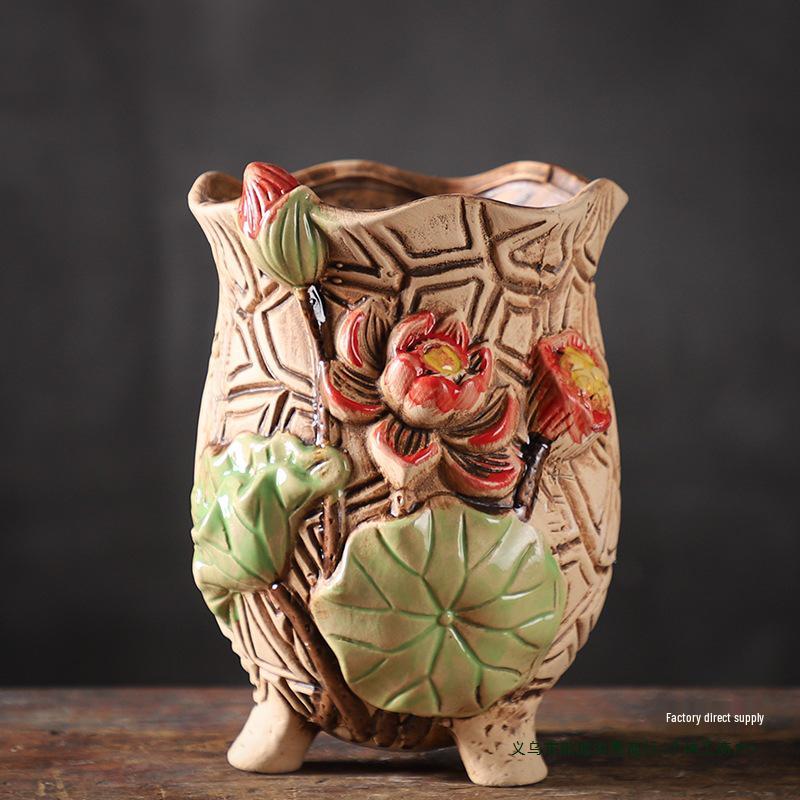 Large Creative Ceramic Terracotta Pot for Succulents - Breathable, Coarse Pottery, Album Style, Suitable for Silk Flowers.
