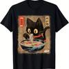 Men'S Cat Ramen Anime Tee Humorous Kawaii Style Comfortable Plaid Crew Neck Shirt for Everyday Use Travel and Exercise