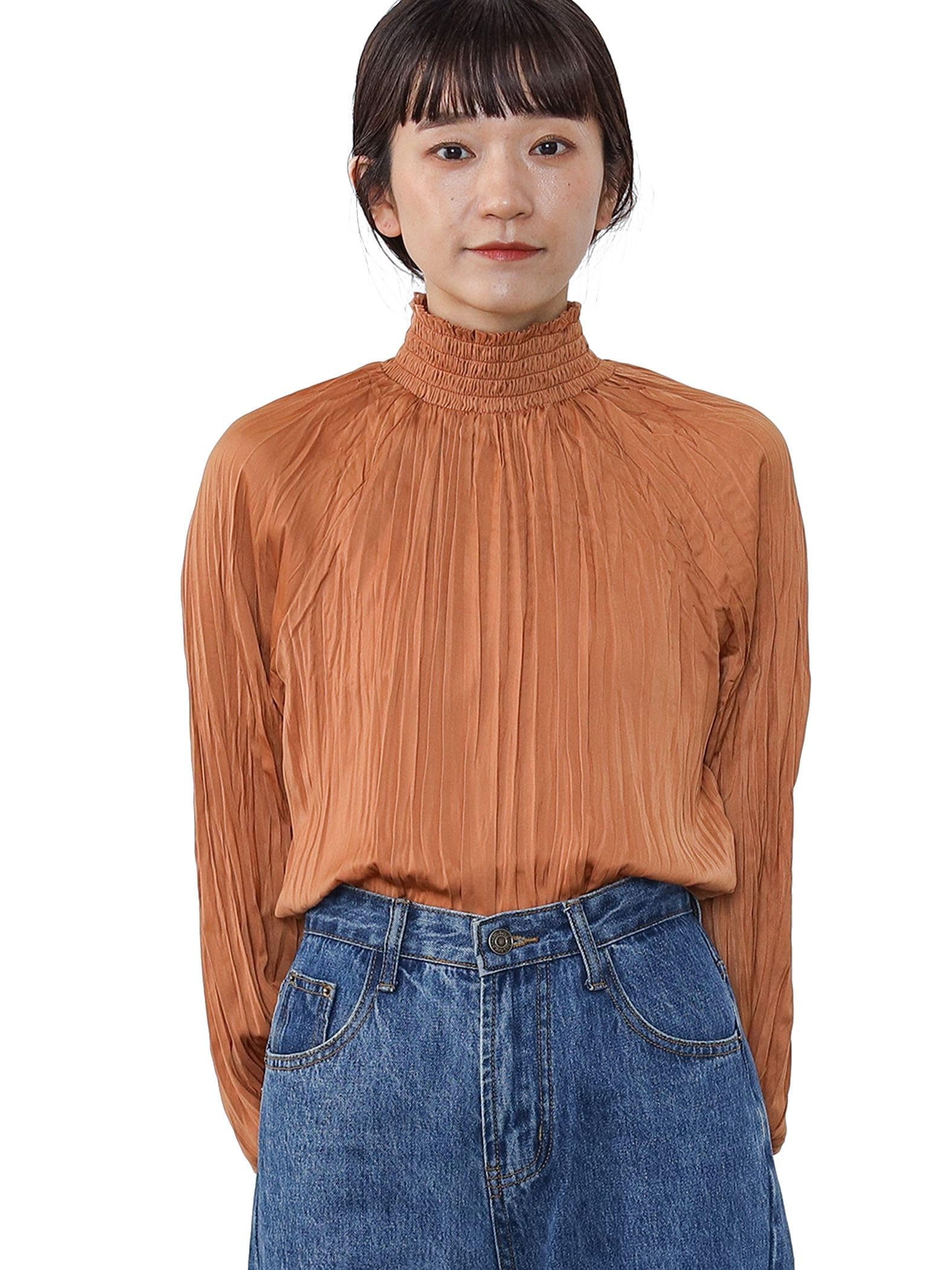 

Shirt Ruched High Neck Blouse ORANGE ONE SIZE [Beams Heart] L/S Women s
