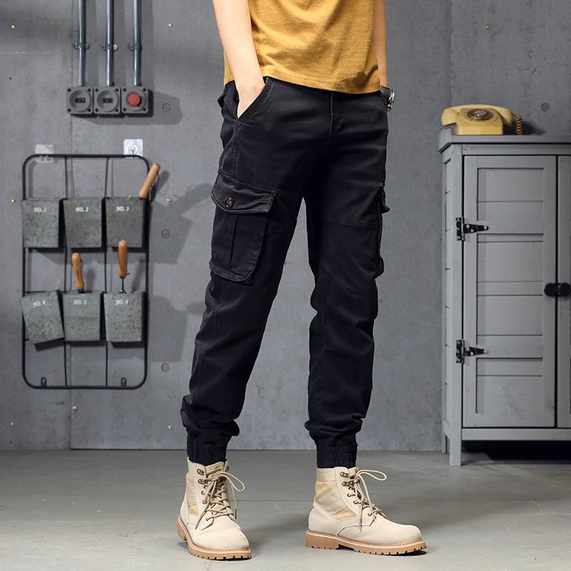 Men's new outdoor American fashion retro tied feet multi-pocket overalls versatile elastic