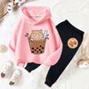 Capybara Getränk Bubble Tea lustiger Aufdruck Mädchen Mode Set Kinder Herbst und Winter Freizeit Bequem Warm Hoodie + Hose Zweiteiler Set
