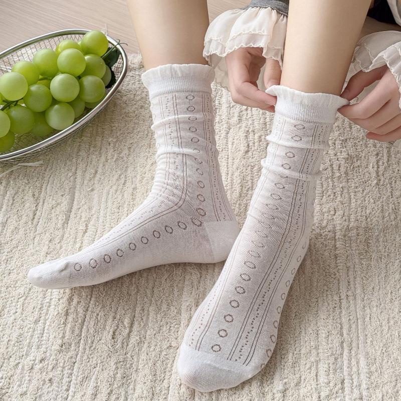 Sock - Spring/Summer Lightweight Solid Color Opened-Up Layered Socks with Earwig Lace and Mid-Calf Length