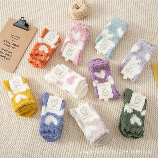 Warm Coral Fleece Women's Socks - Autumn & Winter Love Heart Non-Shedding Floor Socks for Home & Postpartum Comfort.