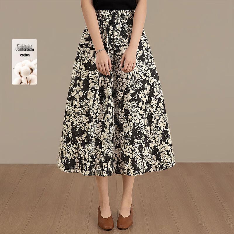 Sibaisha Women s Retro Floral High-Waisted A-Line Midi Skirt L