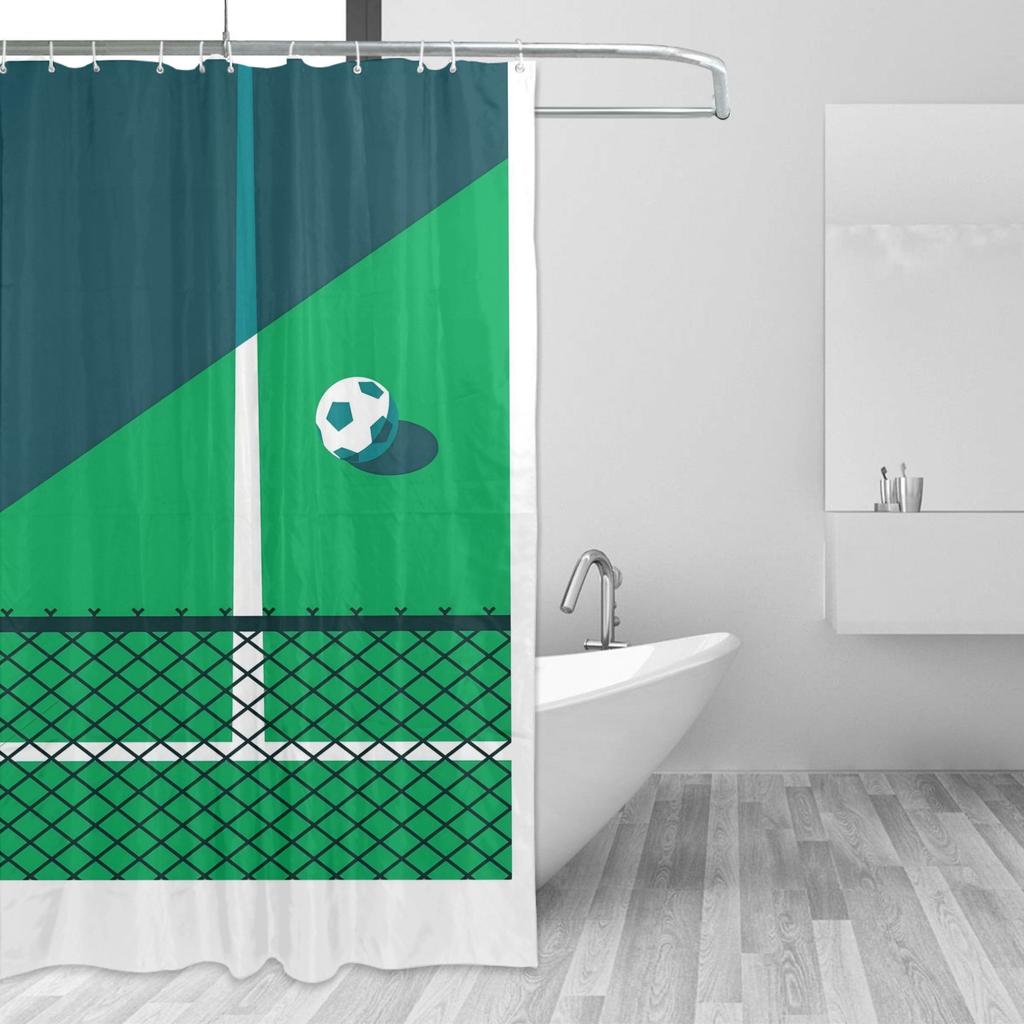 Soccer-Themed Shower Curtain, Green & Blue Football Graphic, Polyester Material, Machine Washable Bathroomsoccer Fan Gift