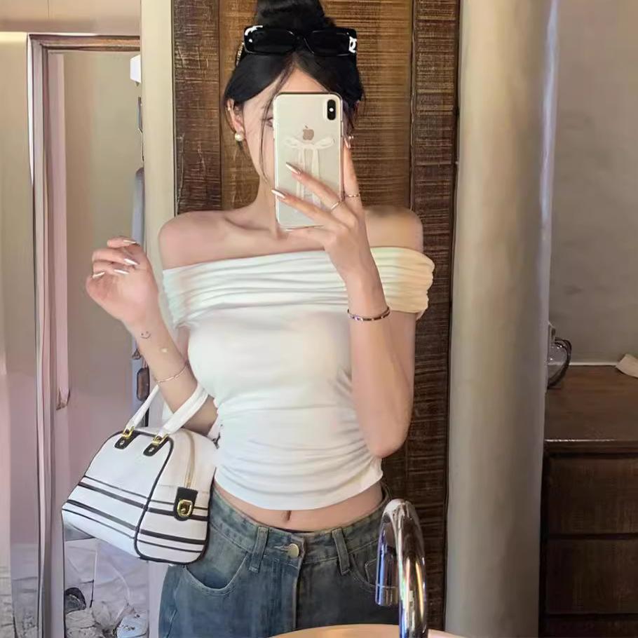 Ins Off-the-shoulder Sexy Hottie Pure Desire One-word Collar Short-sleeved T-shirt for Women's Summer Slim-fitting and Thin Bottoming Top for Women