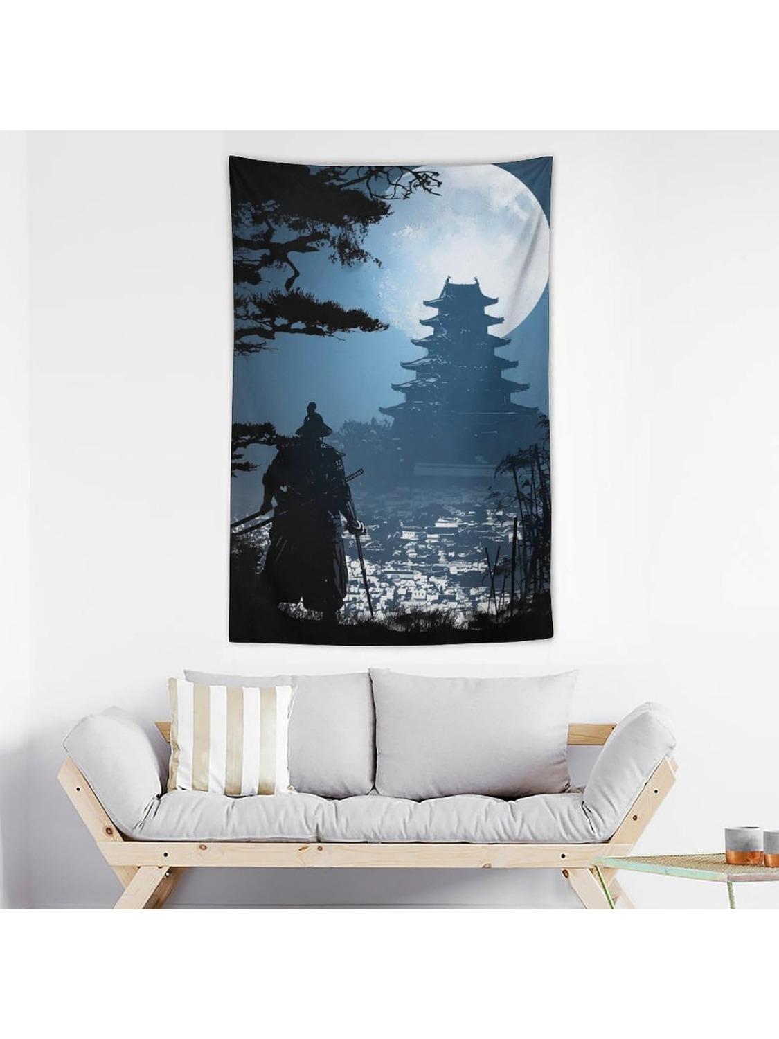 Большой настенный гобелен Самурай Аниме Японский Лунный Свет Древняя Архитектура Настенный Гобелен для Спальни Гостиной Искусство Эстетика 74x94cm(29x37in)