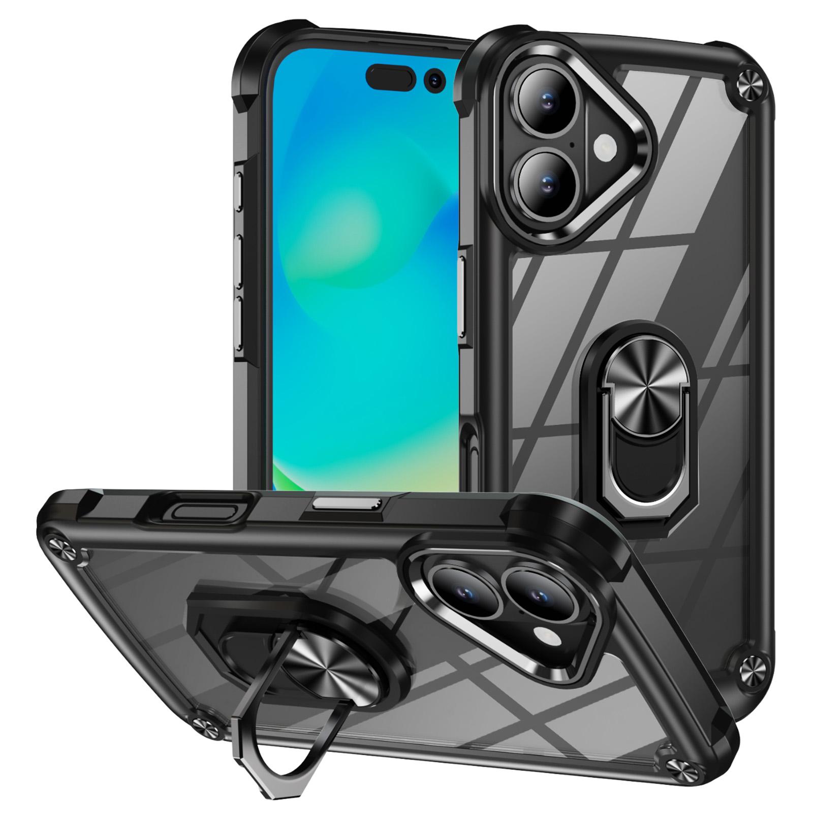 

For iPhone 17 Case Alloy Lens Frame PC+TPU Kickstand Phone Back Cover Black