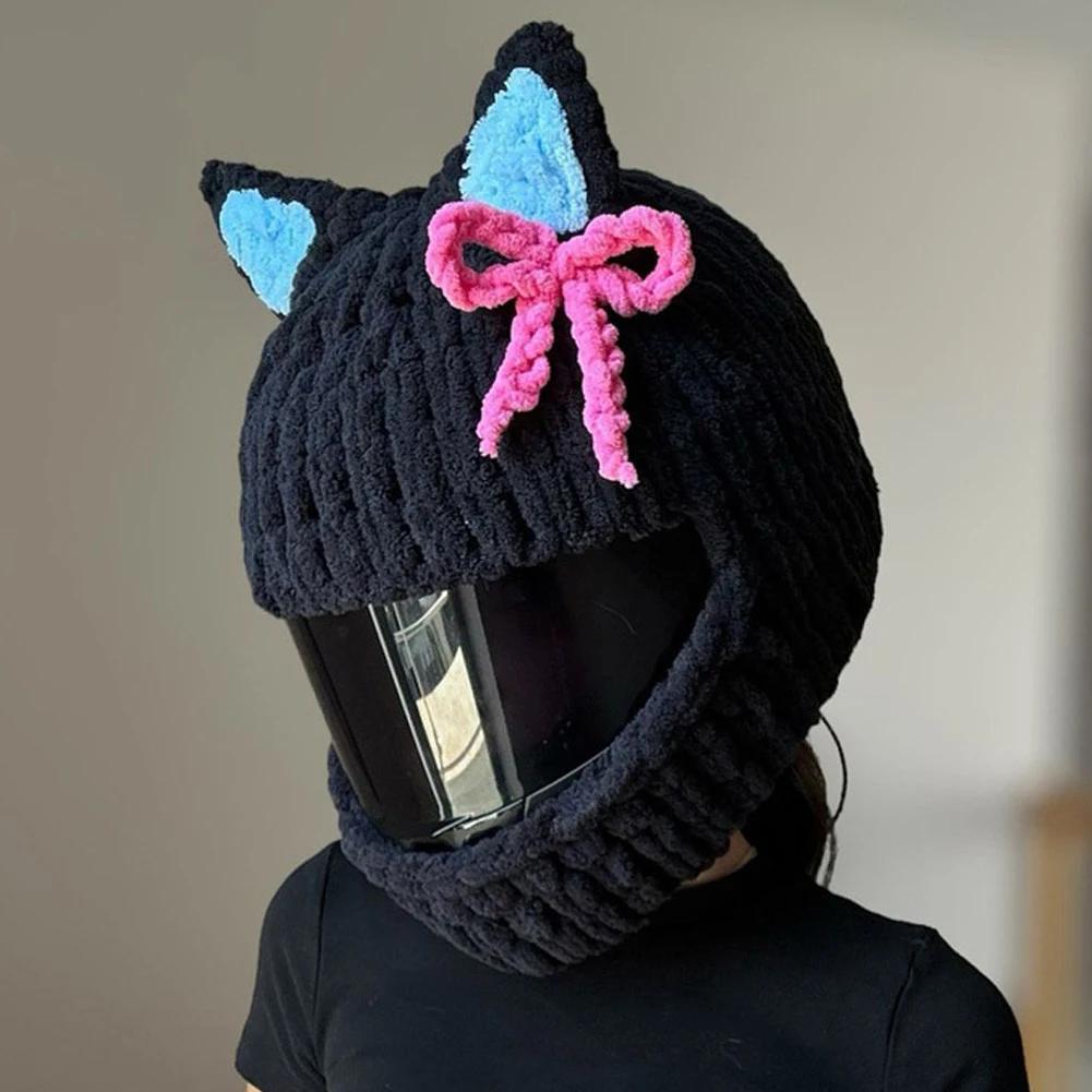 Motorcycle Helmet Cover Cute Cat Ear Helmet Knitted Cover Handmade Thick Velvet Hat Cover for Women Cosplay Styling