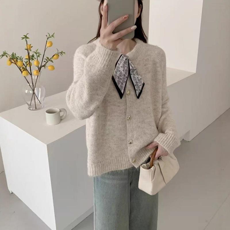 

Silk Patchwork Knit Cardigan - Women s Autumn/Winter Korean Style, Loose Fit, Round Neck One Size