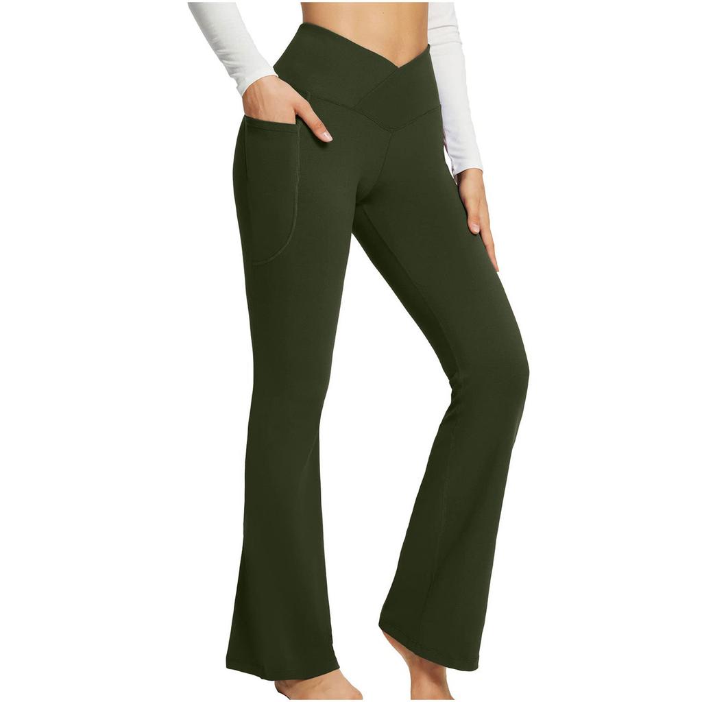 women's Cross V High Waist Flared Yoga Pants Pocket Slim Bootcut Trousers Casual Fitness Bottoms