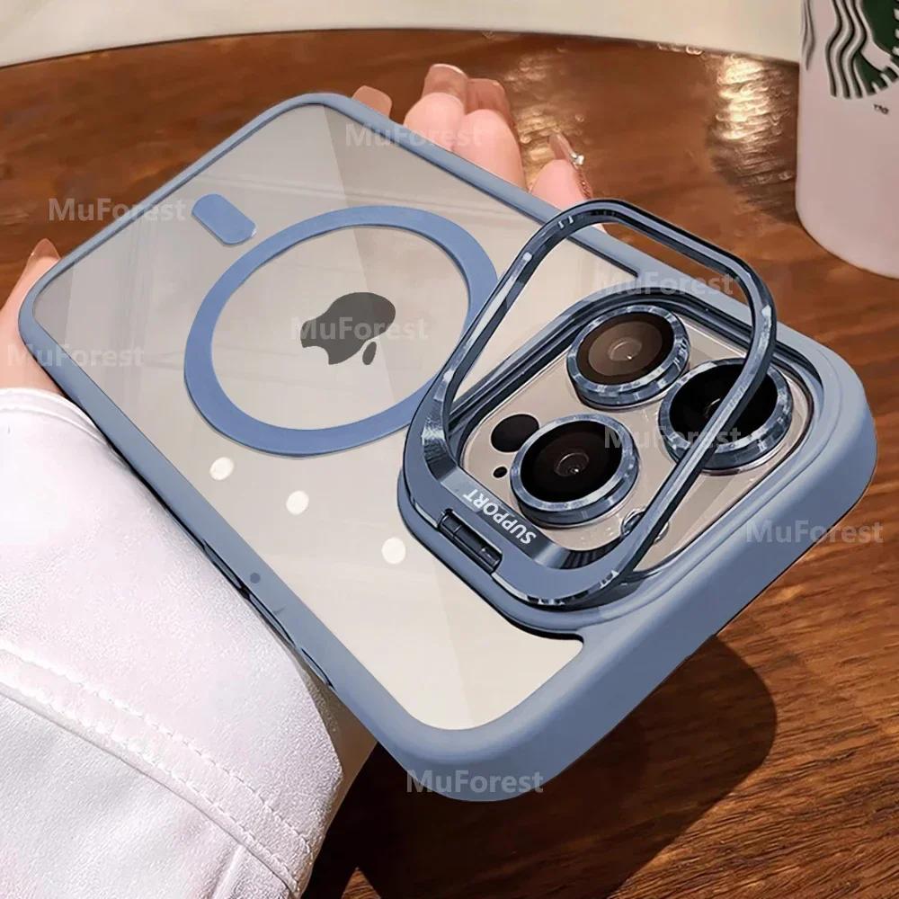Průhledné kryty pro iPhone 16 15 14 13 12 11 Pro Max Plus Pro Magsafe Magnetický vyklápěcí kryt Stojánek Ochranný kryt objektivu z tvrzeného skla