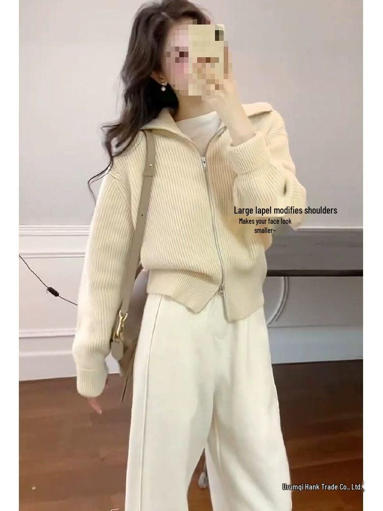 Women's Double Zipper Lapel Knit Cardigan - Soft, Cozy, and Thickened for Autumn/Winter