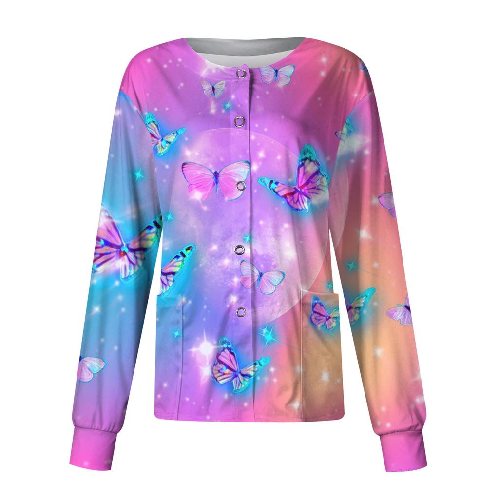 Women Long Sleeve  Print Pattern Pocket Working Stand-up Collar Single-breasted Protective Overalls Cardigan Jacket Top