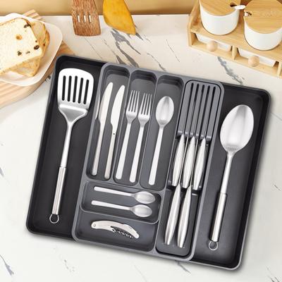 Bandeja de utensílios expansível com bloco de corte removível Organizador de gaveta de cozinha eficiente para talheres e ferramentas