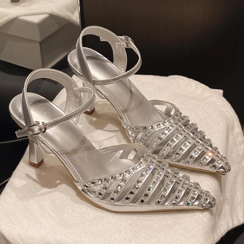 Fashion 2025Women's Sequined Baotou High Heels Summer New Pointy, Shallow Hollowed-out Line with Non-slip Stiletto Sandals
