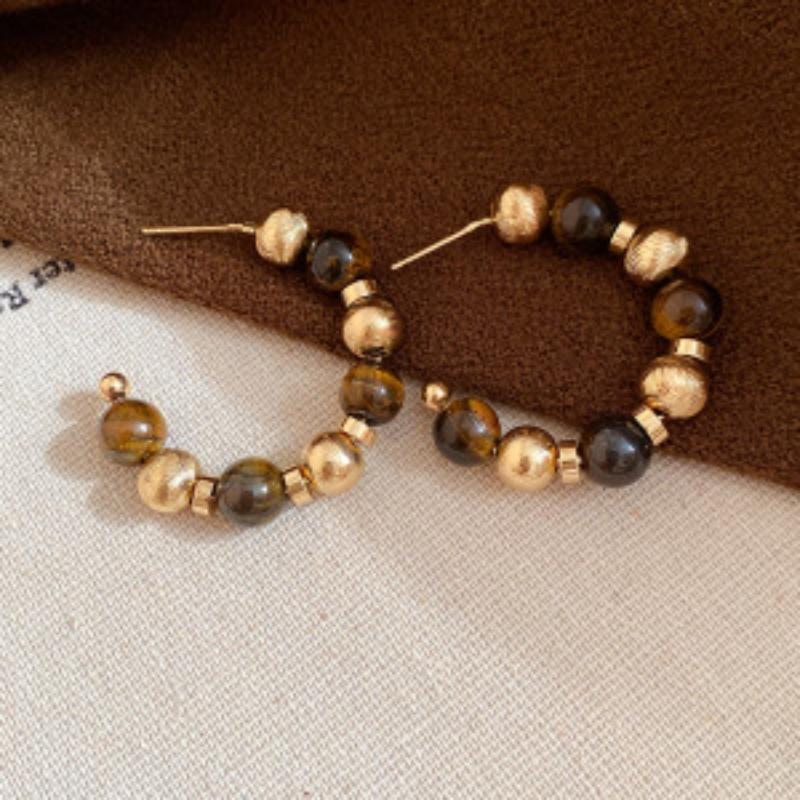 Silver Needle Explosive Tiger's Eye Stone Pendant Earrings Maillard Retro Temperament Versatile Earrings Light Luxury Premium Earrings Women