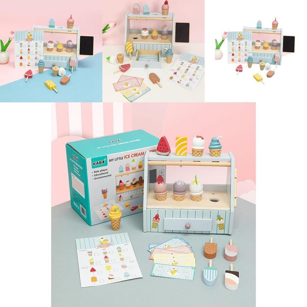 Fun Wooden Simulation Ice Cream Shelf Model Children Toy Set For Kids With Pretend Food And Sensory Development