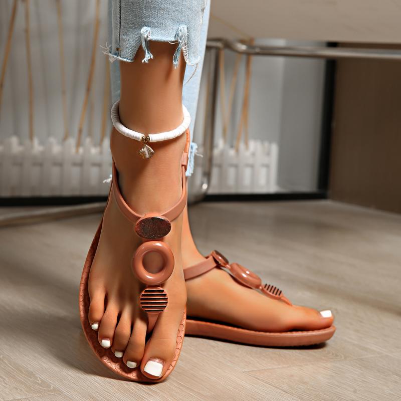 Fashion Bohemia Button Decoration T Shape Sandals Women Summer Round Toe Low Heel Flip Flops Casual Ankle Strap Beach Waterproof Sandals