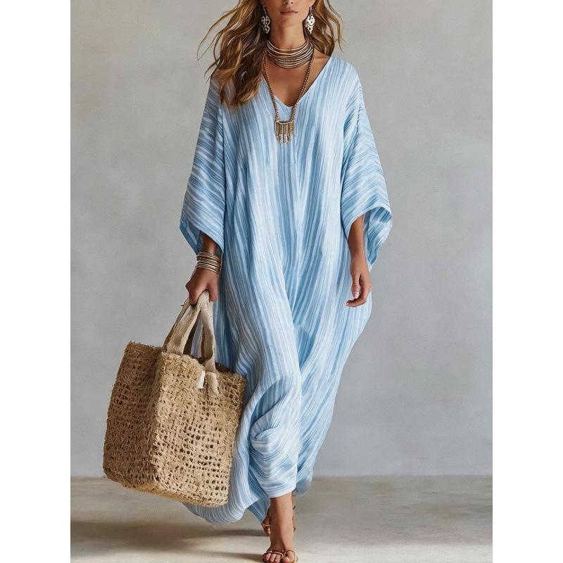 Summer women's top, long skirt, European and American style V-neck five-quarter sleeve simple and versatile dress