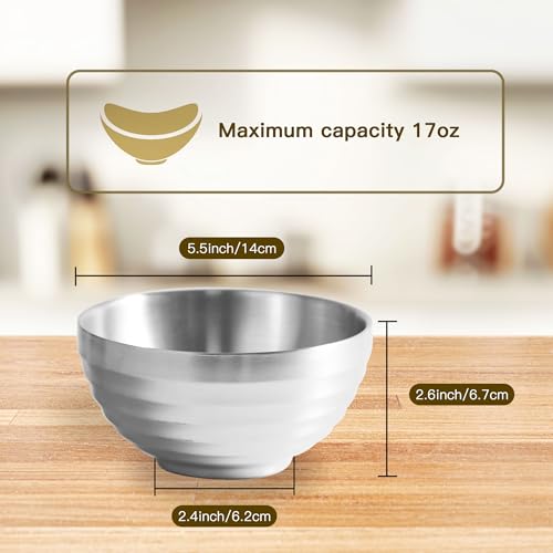 IMEEA Rice Bowls and Tea Bowls, Approximately 14cm Diameter, Dishwasher Safe, Lightweight, SUS304 Stainless Steel, Double Walled, Heat Resistant, Silv