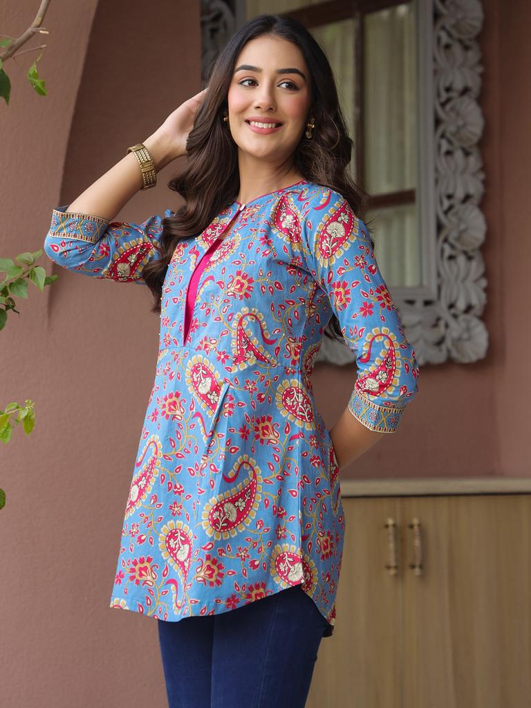 Blue Floral Printed Sequinned Pure Cotton Top