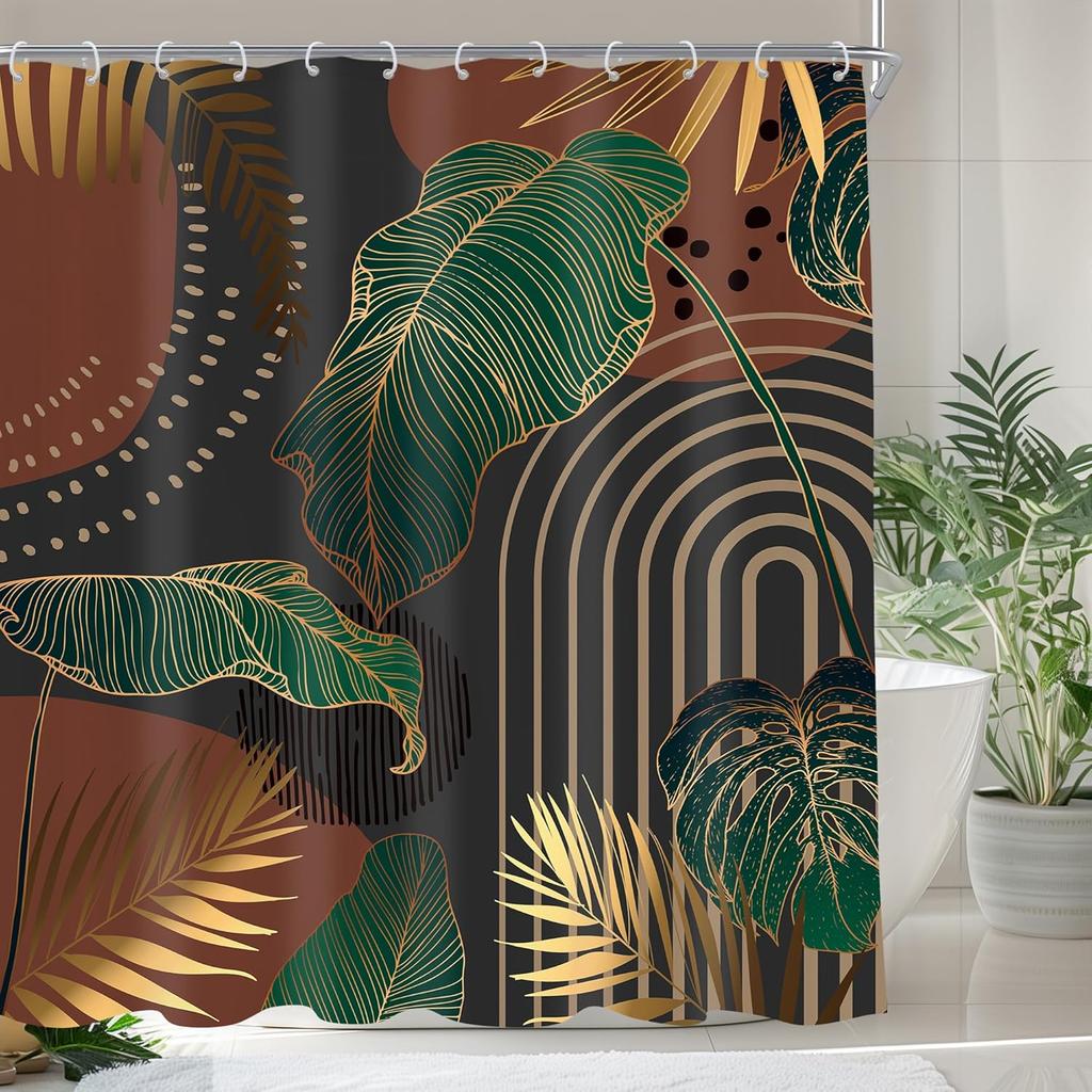 Black Gold Christian Shower Curtain, Tropical Palm Bible Verse Print, Modern Monstera Aesthetic With Hooks