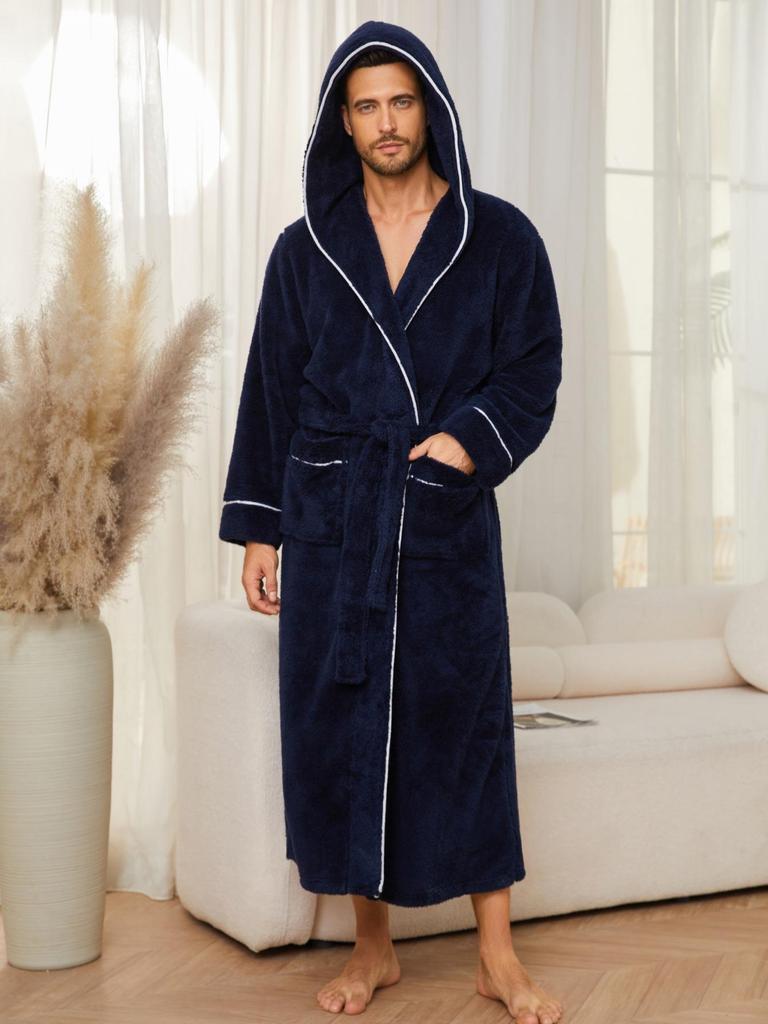 Herre Hætteklædte Badekåber Fuld Længde Spa Badekåber Blød Hjemme Nattøj Frakke med Lommer Vinter Varm Plys Fleece Kåbe Hætteklædt Fluffy Kåber til Mænd